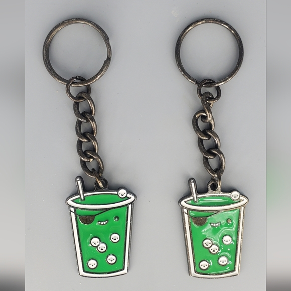 Green Bubble Tea Happy Face Keychains, Lot Of 2 - Picture 1 of 4
